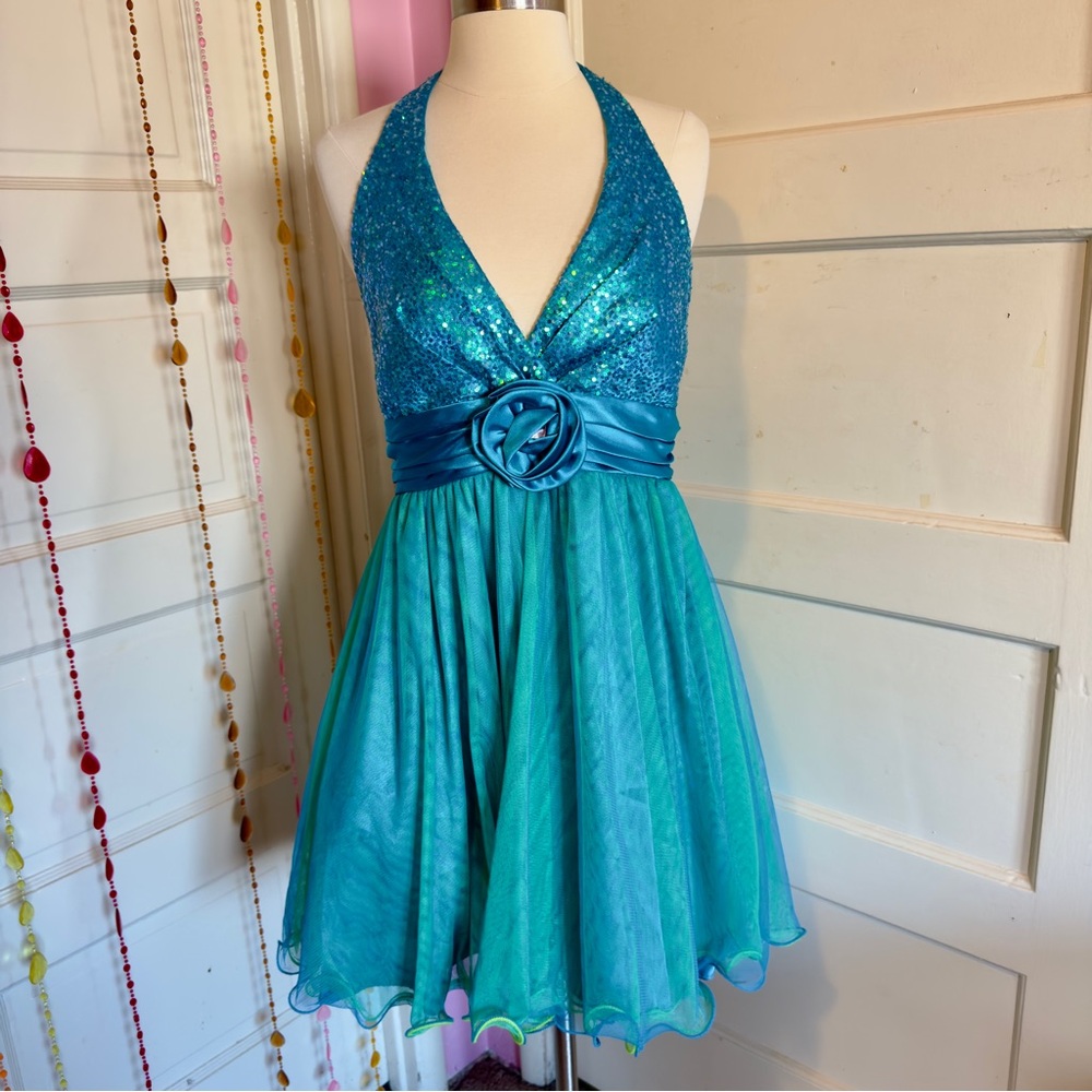 Y2K Teal Sequin Halter Party Dress Fairy Prom Homecoming Size 9
